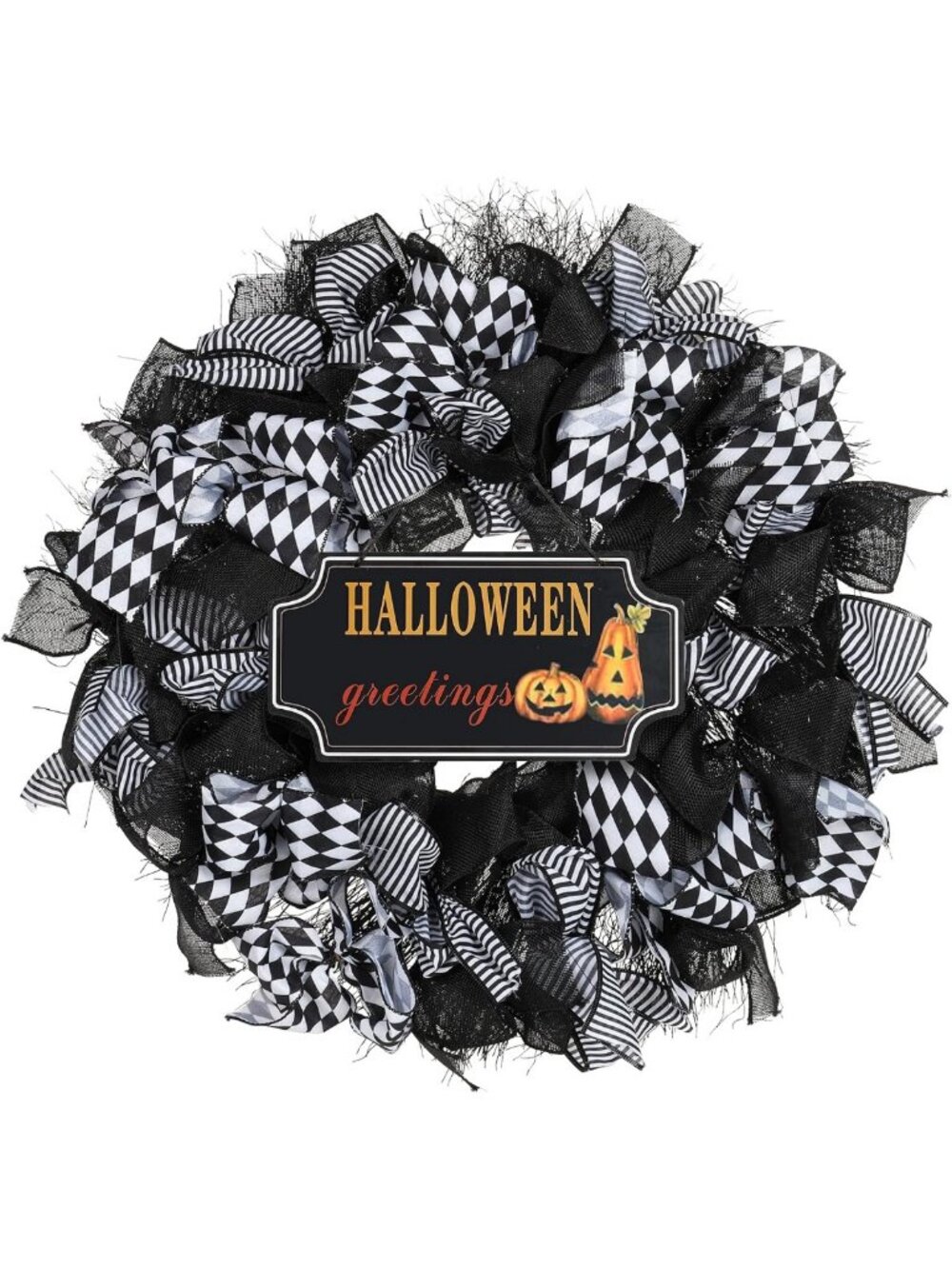 Spooky Halloween Wreath, 26" with Black & White Checkered Bow, Festive Decor